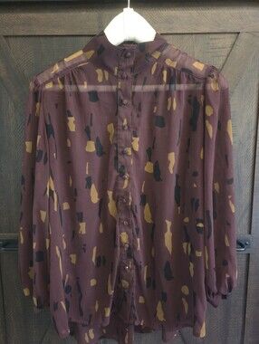 Nine West Burgundy Button-Front Printed Dress Shirt